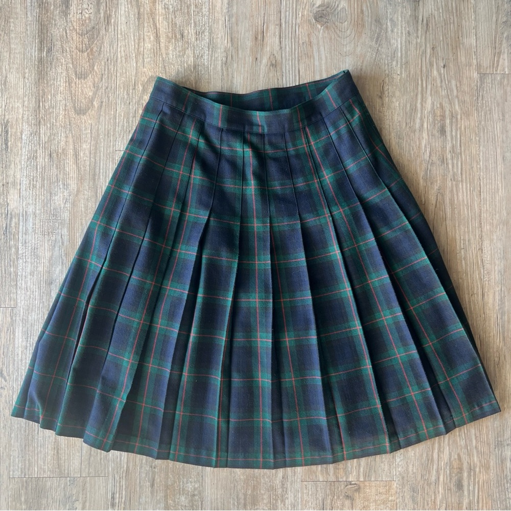 Petite Sophisticate Navy and Green Plaid A-Line Skirt